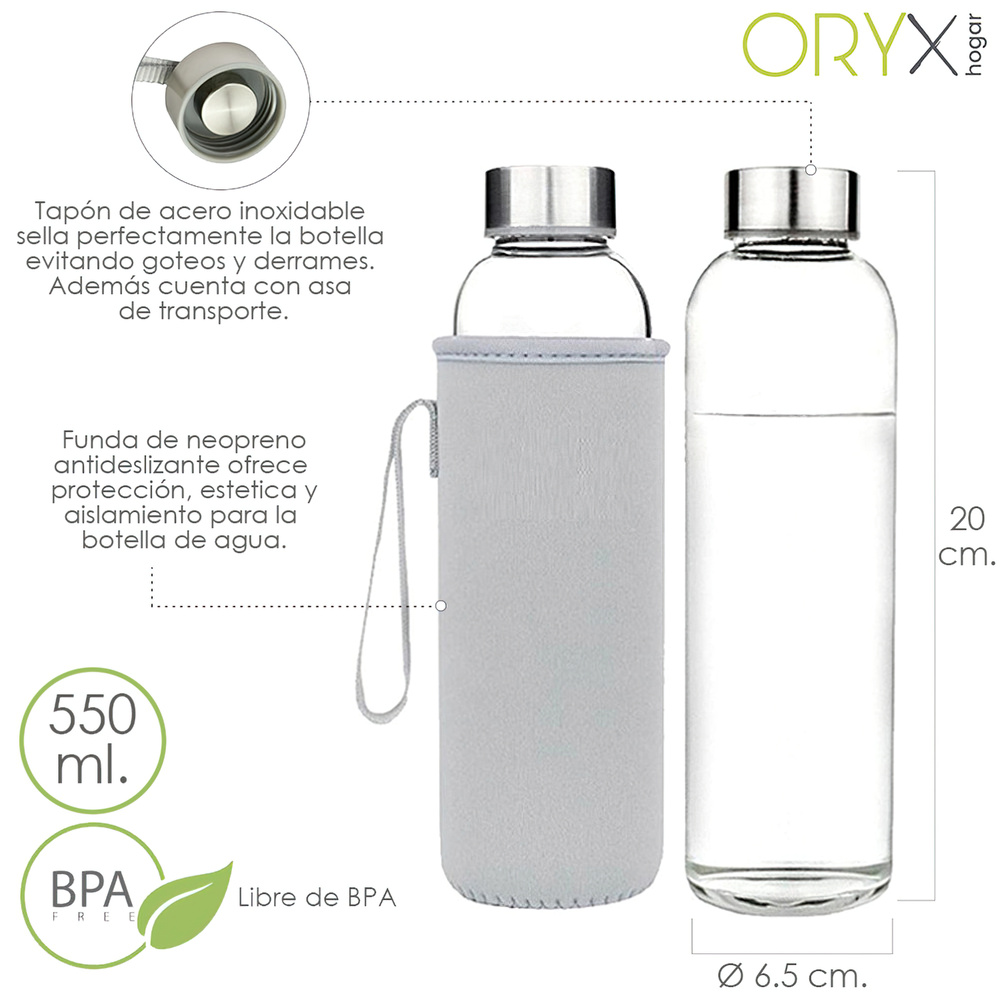 ▷🥇 distribuidor botella agua cristal 550 ml funda neopreno con asa sin bpa