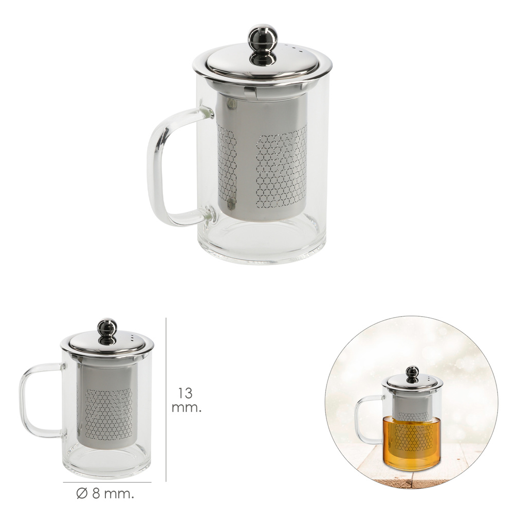 Taza de té con filtro y tapa, cerámica y acero inoxidable, regalo original,  mantiene caliente la infusión (Puntos, 3